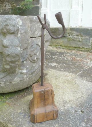 Antique 19th C Primitive Wrought Iron Rushlight Candle Holder Wood Base