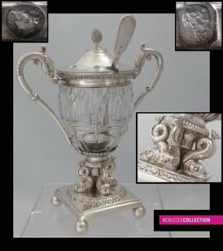 Fine Antique 1820s French Sterling Silver Mustard Pot & Spoon Paris 1819 - 1838