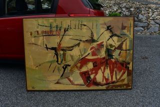 HUGE Carlo of Hollywood painting MCM VTG modern abstract cubist bull fighter 50s 2