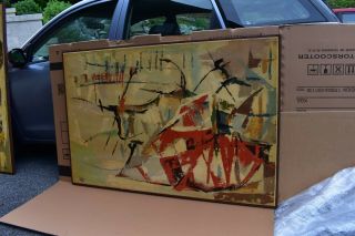 HUGE Carlo of Hollywood painting MCM VTG modern abstract cubist bull fighter 50s 3