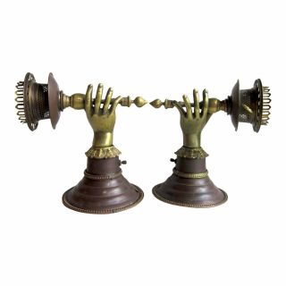 Turn Of The Century Antique Hand With Torch Metal Wall Sconces - A Pair