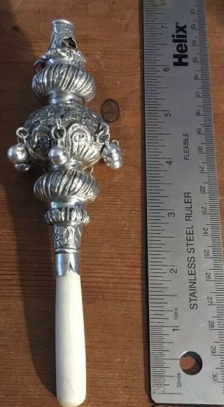 Victorian Large English Antique Solid Silver Babies Rattle & Whistle 1895.  A862