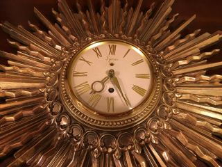 Vintage Mid Century Modern 1969 Syroco Large Gold Sunburst Wall Clock With Key
