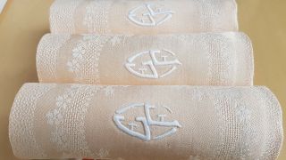 6 Gorgeous Antique French Linen & Silk Sateen Damask Napkins hand monogram EF 2