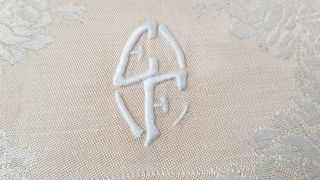 6 Gorgeous Antique French Linen & Silk Sateen Damask Napkins hand monogram EF 6