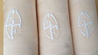 6 Gorgeous Antique French Linen & Silk Sateen Damask Napkins hand monogram EF 7