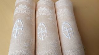 6 Gorgeous Antique French Linen & Silk Sateen Damask Napkins hand monogram EF 8