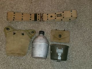 1941 Pistol Belt Canteen Cover.  Flanged Rim Canteen Cup.  Canteen & Bandage Pouch