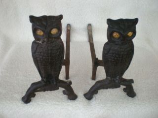 Vintage / Antique Cast Iron Owl Fireplace Andirons W/ Amber Glass Eyes