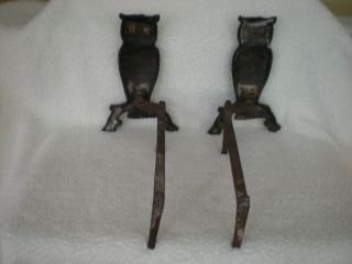 Vintage / Antique Cast Iron OWL Fireplace Andirons w/ Amber Glass Eyes 2