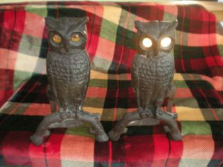 Vintage / Antique Cast Iron OWL Fireplace Andirons w/ Amber Glass Eyes 4