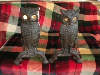 Vintage / Antique Cast Iron OWL Fireplace Andirons w/ Amber Glass Eyes 5