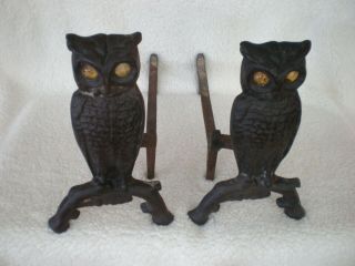 Vintage / Antique Cast Iron OWL Fireplace Andirons w/ Amber Glass Eyes 6