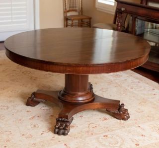 Huge 54” Empire Mahogany Split Pedestal Base Claw Foot Dining Room Table