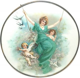 Antique Round Glass Chimney Flue Cover Woman And Cherubs On Swing Print
