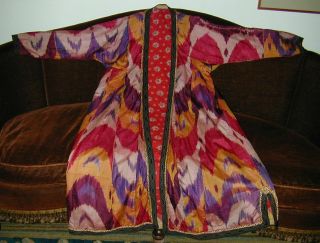Splendid Antique 19thc Uzbek Ikat Silk Robe W Elegant Updated Trims