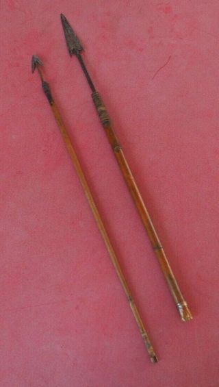 Two Old Antique African Tribal Art Wood Metal Arrows Possibly Congo Pygmy Tribe?