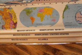WORLD,  US UNITED STATES,  ALASKA Large Pull Down Classroom 3 Map Rand McNally 2
