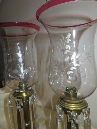 PAIR Antique 1830 ' s Russian Nicholas I Etched Ruby Brass Candle Holder LUSTERS 4