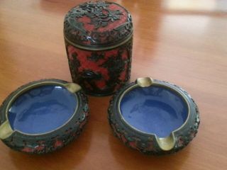 Vintage Chinese Carved Red on Black Cinnabar Ashtray and Cigarette Box Set 5