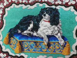 STUNNING LARGE SIZE ANTIQUE 19THC BEAD WORK PANEL,  SPANIEL ON CUSHION 78 X 60 CM 2