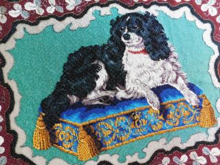 STUNNING LARGE SIZE ANTIQUE 19THC BEAD WORK PANEL,  SPANIEL ON CUSHION 78 X 60 CM 3