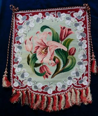 Large Antique Victorian Tapestry And Bead Work Fringed Hanging Banner / Screen