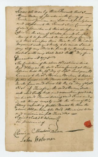 1775 Rev War Rhode Island Tavern License,  Johnston,  Ri Borden Harris Waterman