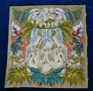 Antique Victorian Bead Work And Tapestry Panel With Swans / Waterfall / Flowers