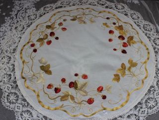 Antique Silk Society Work Hand Emb Strawberries 29 " Tablecloth Lace Edge C1890