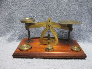 Antique Postal Scale Wood Base & Brass Weights Made In England Base 4 " X 7 "