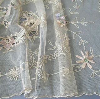 Vintage Tambour Lace 36 " Embroidered Runner Satin Appliques,  Ribbonwork Flowers