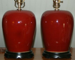 Chinese Oxblood Lamps Pair Red Porcelain Jars Vases Sang De Boeuf Crackle Pair X