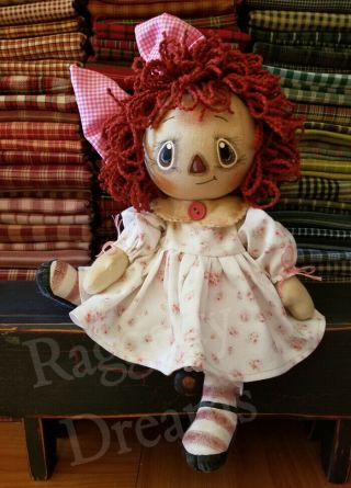 Handmade Primitive Folk Art Raggedy Annie Doll - Pink And White Floral Dress