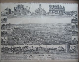 Lodi CA Town Map Bird ' s Eye View Lithograph San Joaquin County Vintage 1960 ' s 2