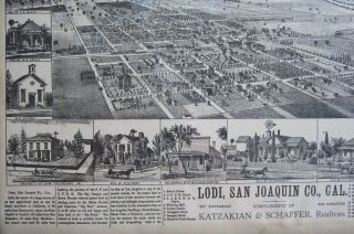 Lodi CA Town Map Bird ' s Eye View Lithograph San Joaquin County Vintage 1960 ' s 5