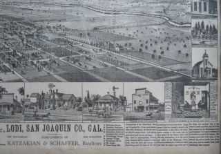 Lodi CA Town Map Bird ' s Eye View Lithograph San Joaquin County Vintage 1960 ' s 6