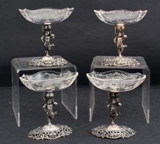 4 Antique Hallmarked German 800 Silver Cherub & Crystal Open Salt Cellars,  Nr