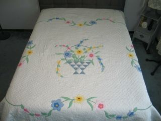 Antique Floral Applique Quilt Flower Basket Quilt Densely Hand Quilted - 94 By 72 "