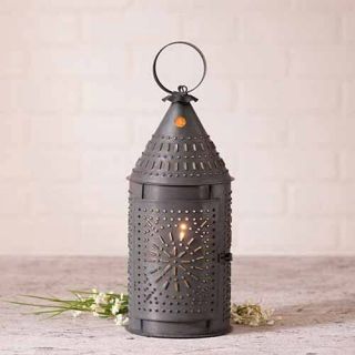 15 " Decorative Punched Tin Revere Lantern In Blackened Tin By Irvins Country