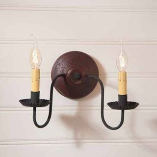 Irvins Tinware Ashford Americana Two Arm Wall Sconce Light In Plantation Red