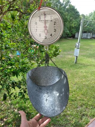 Antique 10 Lb.  Detecto Country Store Hanging Produce Scale & Scoop Basket Double