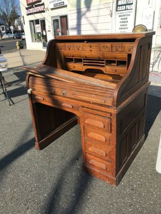 Antique Solid Oak Roll Top Desk 110 Years Old Raised Panels Quarter Sawn Oak