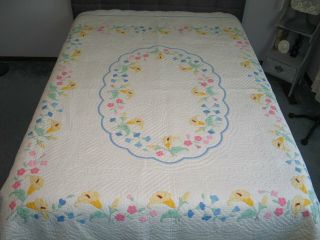Antique Floral Applique Quilt Lily Flower Quilt Densely Hand Quilted - 88 By 76 "