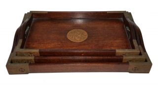 3x 20C Chinese Hardwood Nesting Trays w.  Brass Corners & Medallion Design (Gib) 2