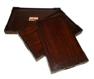 3x 20C Chinese Hardwood Nesting Trays w.  Brass Corners & Medallion Design (Gib) 8