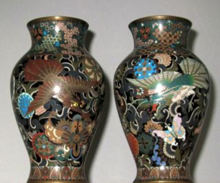 Fantastic Antique Japanese Cloisonne Enamel Pair Vases w/ Dragon and Pheonix - 19c 10