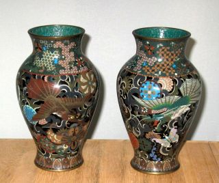 Fantastic Antique Japanese Cloisonne Enamel Pair Vases W/ Dragon And Pheonix - 19c