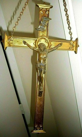 RARE ANTIQUE 1860 ' s HUGE BRONZE & BRASS WALL HANG CRUCIFIX T 3 LBS 18 