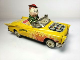 Vintage 1950s Ko Japan Tin Windup Hot Rod Car With Moving Driver - Great